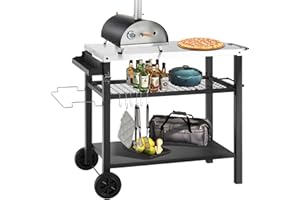 Kendane Grill Cart Table with Three Shelf, Movable Outdoor Dining Cart Pizza Oven Stand with Three Hooks, Kitchen Cart Island Multifunction Food Prep Table (Sliver)