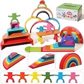 Dinhon 40-Piece Wooden Rainbow Stack Set, 4-in-1 Building Blocks preschoolers Early Development &amp; Activity Toys Montessori Toys for Kids 1 2 3 4 Years and Older Gifts for Boys and Girls