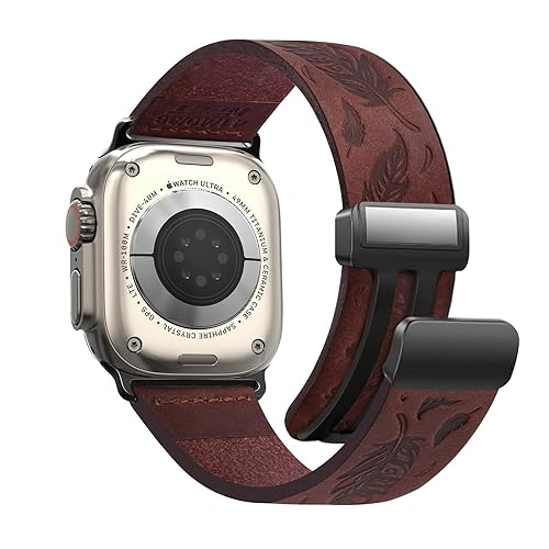 NPET Genuine Leather Watch Band with Western Engraved Feather Pattern, Stitch-Free Design, and Magnetic Buckle - Compatible with Watch Ultra SE2 SE Series 8 7 6 5 4 3 2 1