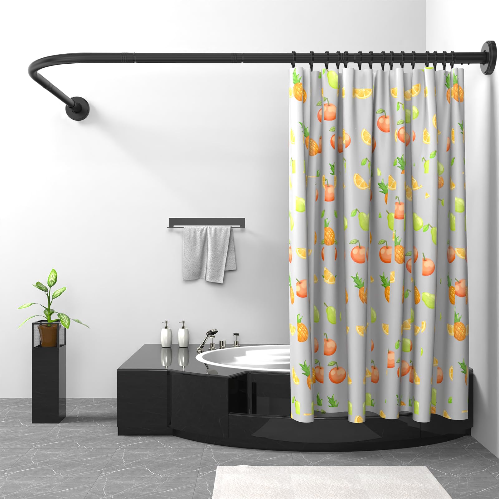 Misounda Shower Curtain Rail Rod L Shape, Adjustable Shower Curtain Rail 95x175 cm/100x165 cm Stainless Steel Curved Shower Rail,Black Shower Pole with Stainless Rings for Bathroom Locker Room