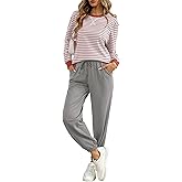 FIOPHY Women's Cozy 2 Piece Outfits Lounge Sets Striped Color Block Long Sleeve Tops Jogger Sweatpants Sweats Track Suits Set