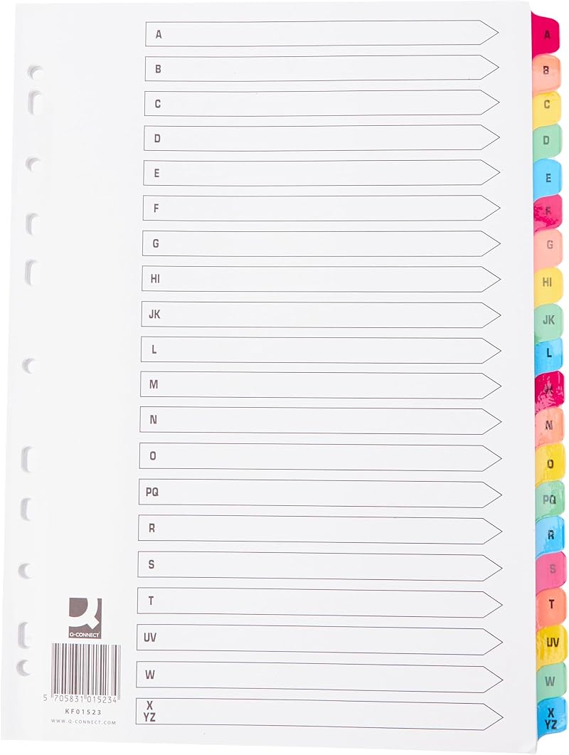 Q-Connect A-Z 20-Part Multi-Punched A4 Index with Multi-Colour Tabs