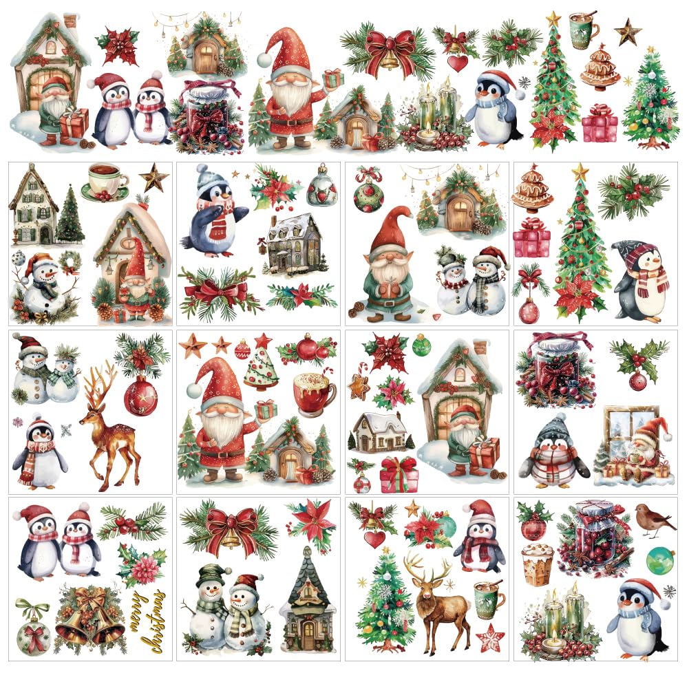 arricraft 12 Sheets Christmas Theme Rub on Transfers for Crafts and Furniture, Santa Claus Penguin Elk Snowman Rub on Transfer Stickers PVC Rub on Decal for DIY Home Window Wood Decor, 14x14cm
