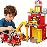 XENQITOYS Fire Station Playset Classic Big Building Blocks Fire Station Toy | 2 Firefighter Gifts, 68Pcs Compatible with LEGO DUPLO Fire Station and DUPLO Fire Truck, Firetruck Toys 3-5 Years Old