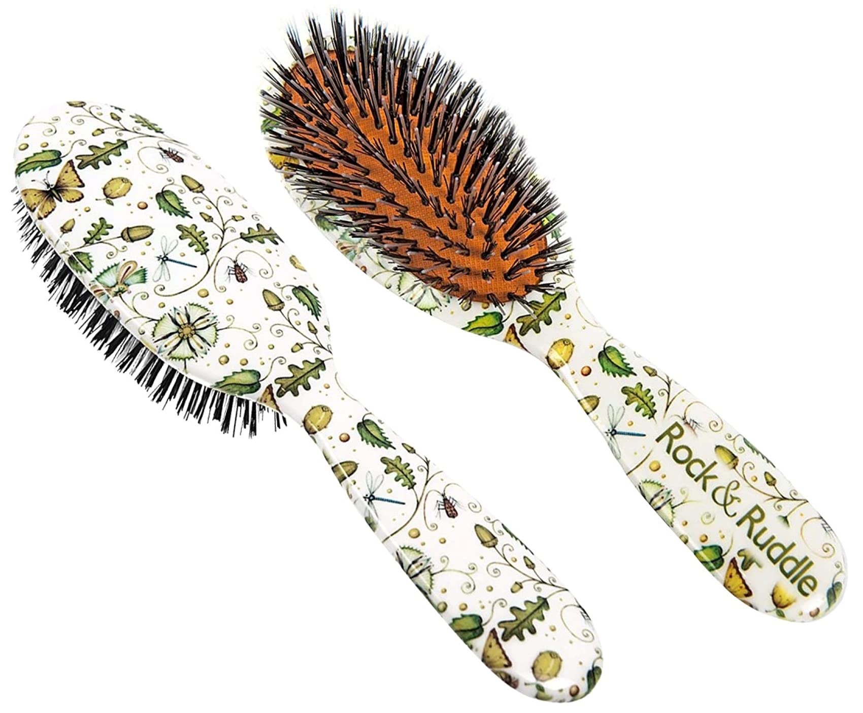 Rock & Ruddle Natural Mixed Boar Bristle Hair Brush for Women and Kids (Small/Travel Size, 17.5cm) - Perfect for Wet or Dry Hair, Detangling Smoothing Blowdrying - Made in UK - Acorns & Butterflies Design