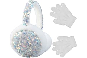 HYHFM Winter Ear Muffs Gloves Set for Kids with Adjustable Sequins Shiny Fluffy Warm Earmuffs for Kids Outdoor Cold Weather