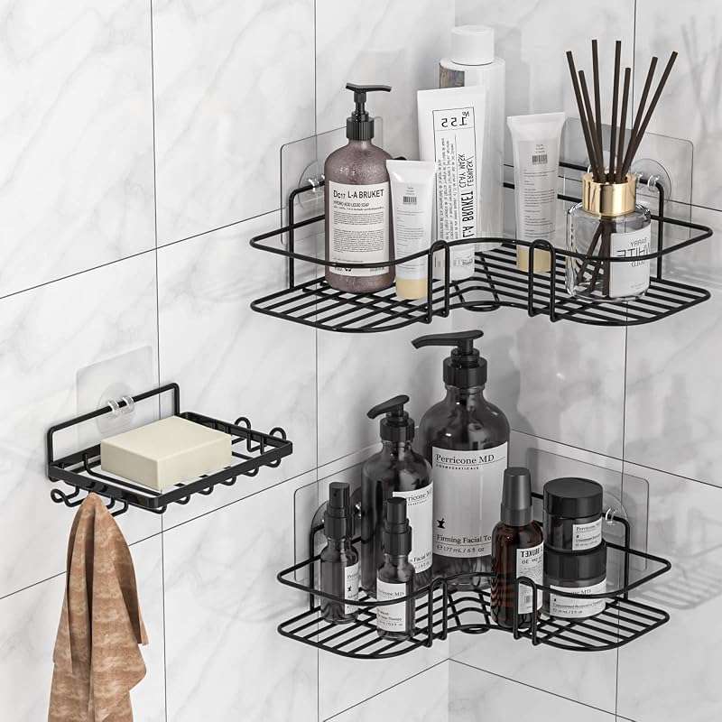 IMURZ Corner Shower Caddy 3 Pack Adhesive No Drilling Black Bathroom Shelves