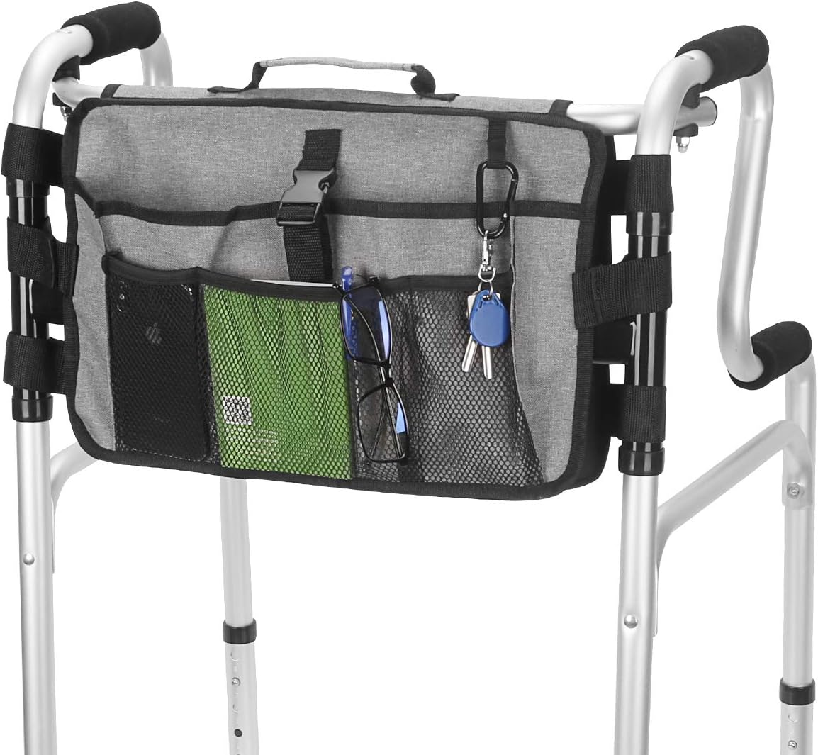 Walker Bag - Water Resistant Tote Folding Walker Basket Caddy Pouch with Large Compartment and 9 Pockets Universal fit Walker, rollator (Gray): Health & Personal Care