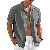 COOFANDY Mens Casual Cotton Linen Shirt Short Sleeve Button Up Shirts Summer Beach Top