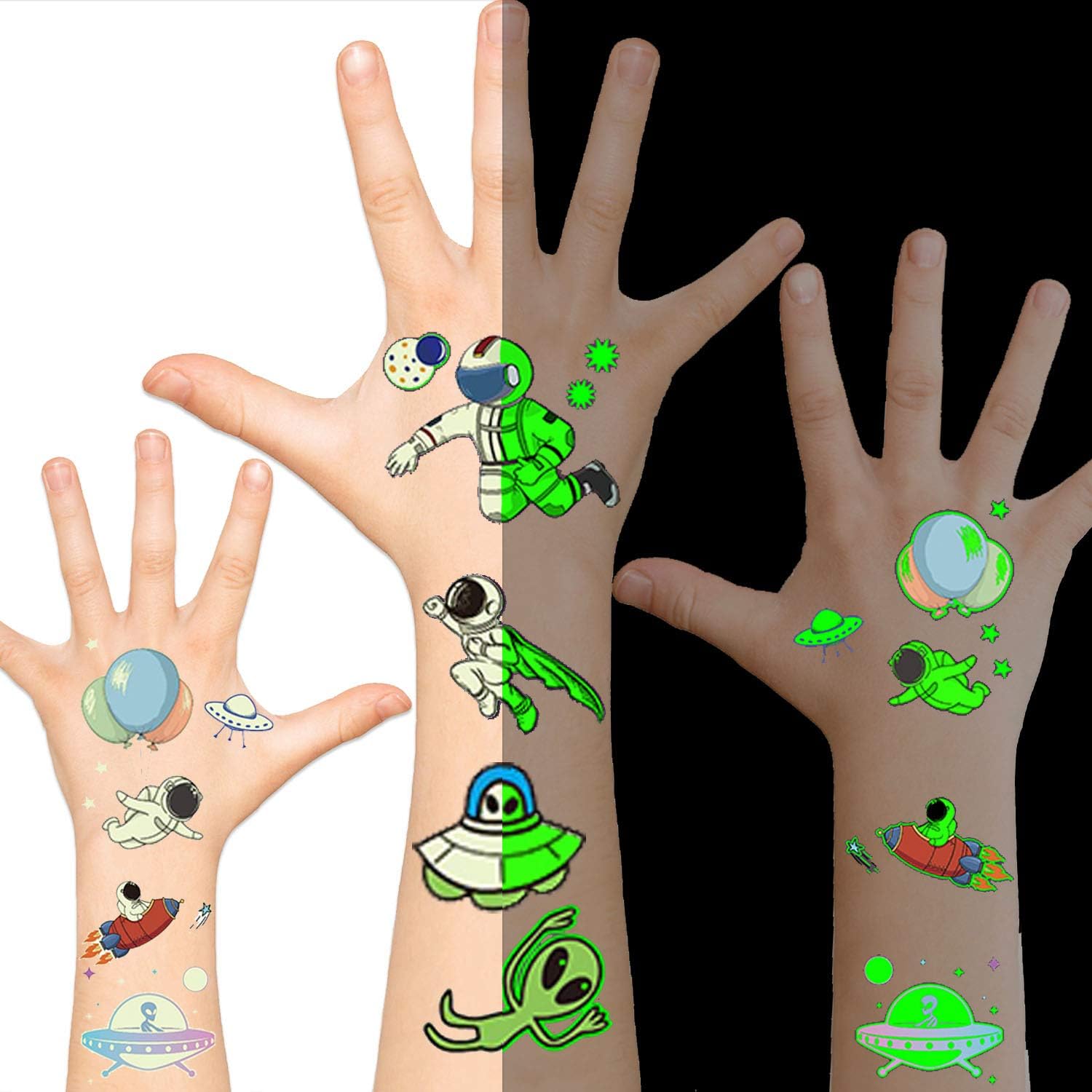 Leesgel Luminous Temporary Tattoos for Kids Space Theme Glow Party Decorations for Boys Girls Birthday Party Supplies Favors Toys Goodie Bag Fillers Games Prizes for Children-(10 sheets)