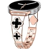 Metal Bands for Samsung Galaxy Watch 8 Band 40mm 44mm/8 Classic 46mm Women,Shiny Bling Diamond Four-Leaf Clover Stylish Stainless Steel Strap Replacement WristBands for Samsung Watch 8 Band 40 44 mm
