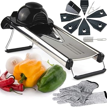 Chef's INSPIRATIONS Mandoline Gemüseschneider mit V-Klinge, Gemüsehobel, Schneider & Julienne Hobel. Inklusive 6 unterschiedl