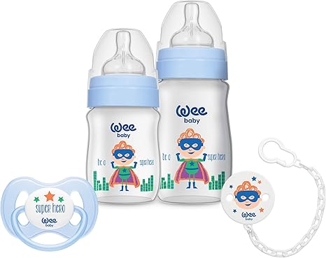 Wee Baby Heroes Pasgeboren Babyflesvoeding Set Borstachtige Vorm Voor Een Natuurlijke Vergrendeling Antikrampjesklep In Speen Bpa Free Zuigfles Met Wijde Hals Blauw Jongens Amazon Nl
