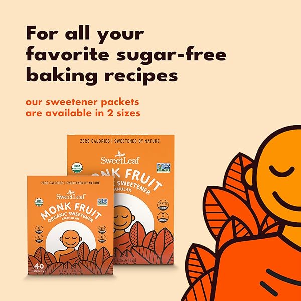 SWEETLEAF ORGANIC MONK FRUIT SWEETENER, GRANULAR – KETO FRIENDLY NATURAL SUGAR SUBSTITUTE FOR COFFEE, TEA, AND BAKING, ZERO CALORIE, ORGANIC MONK FRUIT, NON GMO, SUGAR FREE – 40 INDIVIDUAL PACKETS