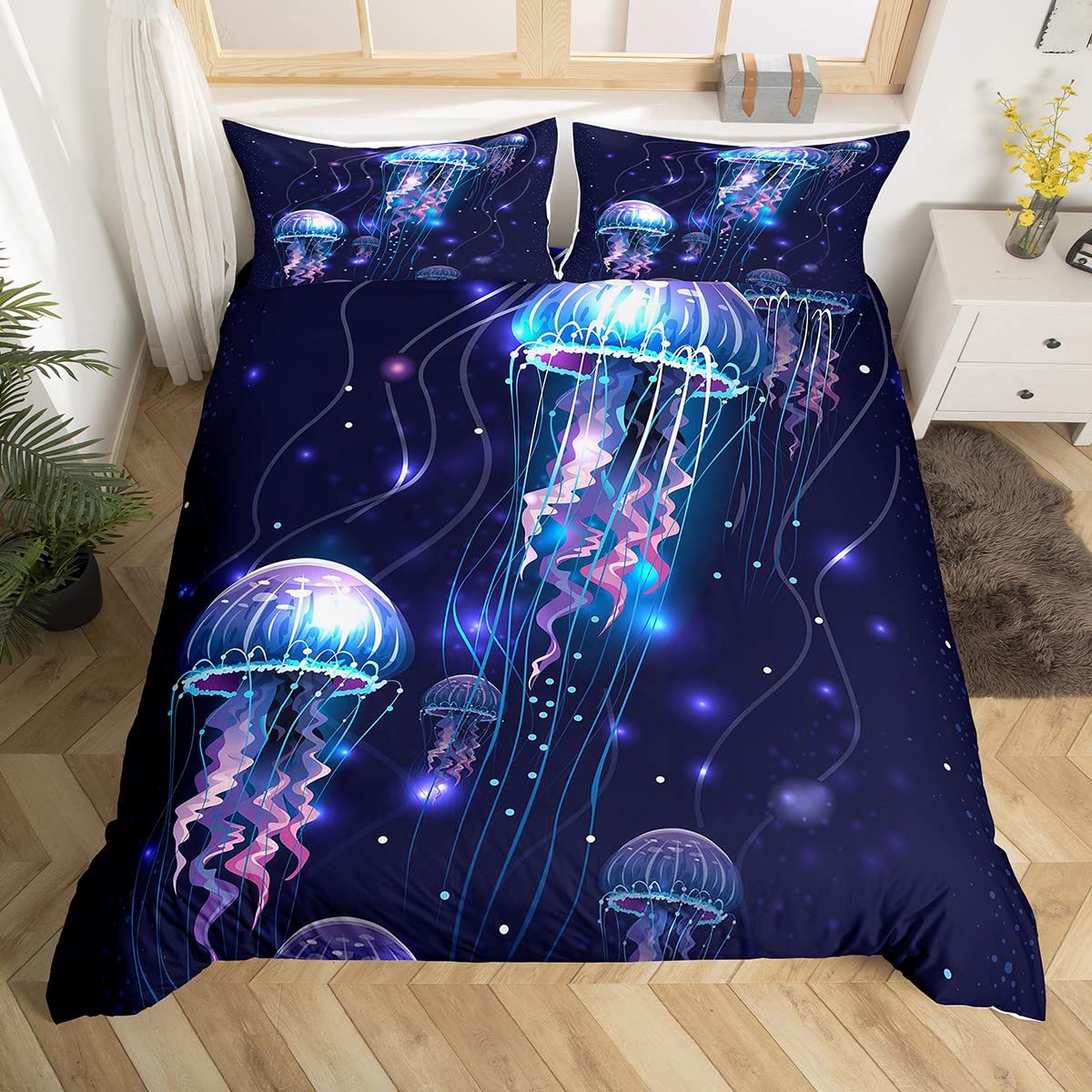 Homewish Jellyfish Comforter Cover,Trippy Jellyfish Duvet Cover for Kids Boys Girls,Purple Galaxy Starry Sky Bedding Set Double,Coastal Animal Quilt Cover with 2 Pillow Shams Zipper&Ties Soft