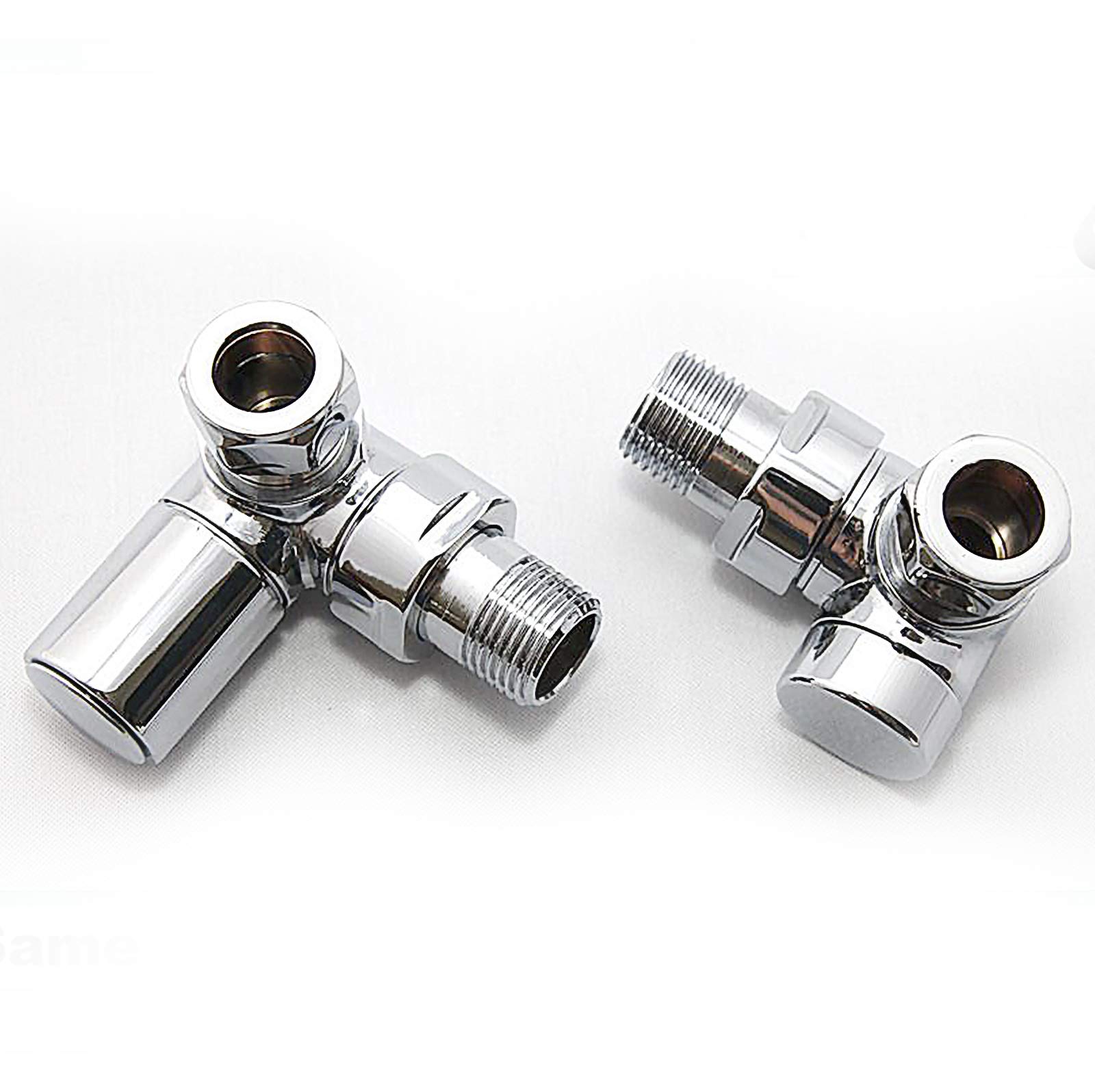 Round Corner Angled Chrome Valve Set - Heated Towel Rail / Radiator Block Valves (Pair of) and lockshield, with Round handles and QUALITY chrome finish