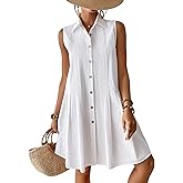 Bsubseach Cotton Beach Cover Up for Women Button Down Sleeveless Shirt Dress Swimsuit Coverup Summer Mini Dresses