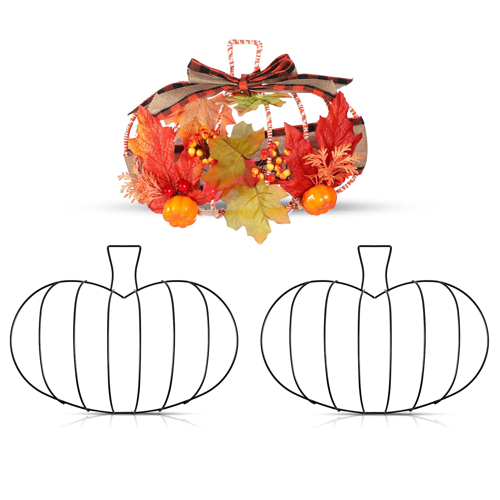 Hotop 3 Pcs 10 x 7.3 Inches Thanksgiving Pumpkin Shaped Metal Wreath Form Fall Wire Floral Frame Halloween 3D Pumpkin Wreath Indoor Outdoor Garden Porch Kitchen DIY Craft Decorations