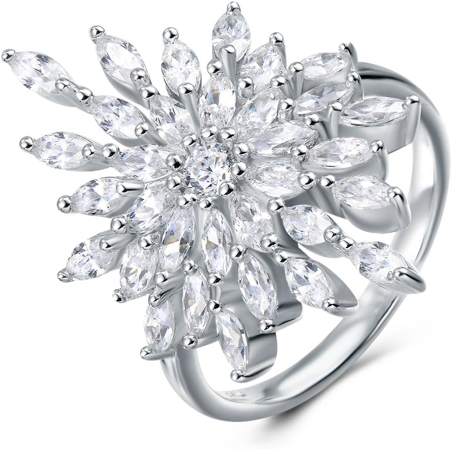 Sterling Silver Snowflake Sparkling Cubic Zirconia CZ Statement Ring Fashion Engagement Ring for Women Girls