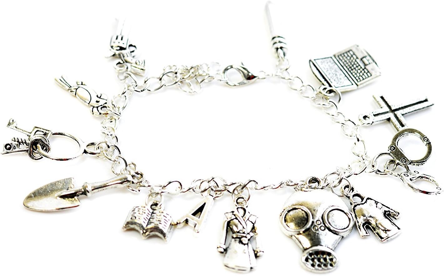 Beaux Bijoux Pretty Little Liars Inspired Silver Tone Charm Bracelet with Laptop, Coat, Cross, Book, Shovel and More in Gift Box