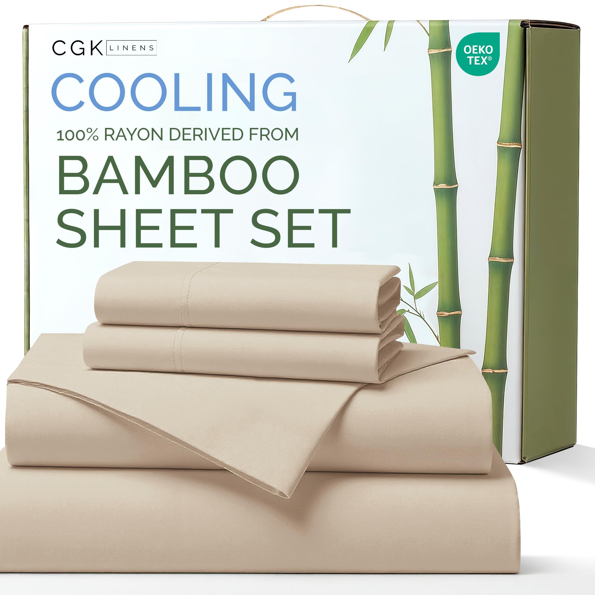 Photo 1 of 100% Rayon Derived From Bamboo - Bamboo Sheets Cal King Size - Cooling Sheets for Cal King - Soft, Breathable & Hotel Luxury Bedding - 1 Flat & 1 Fitted & 2 Pillowcases w/ 16 Inch Deep Pockets - Wheat