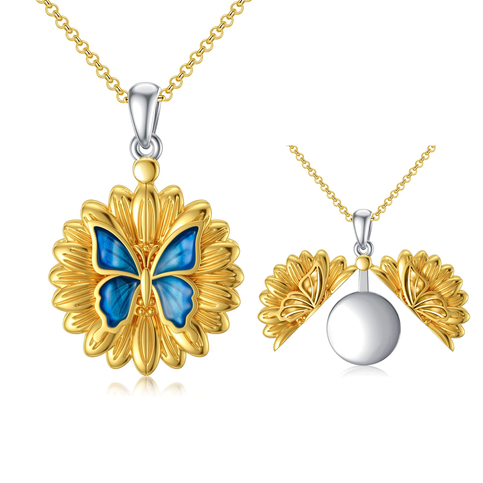 SOULMEET Gold Sunflower Butterfly Locket Necklace That Holds 1 Picture Photo Sterling Silver Personalized Expandable Locket Necklace (Locket only)