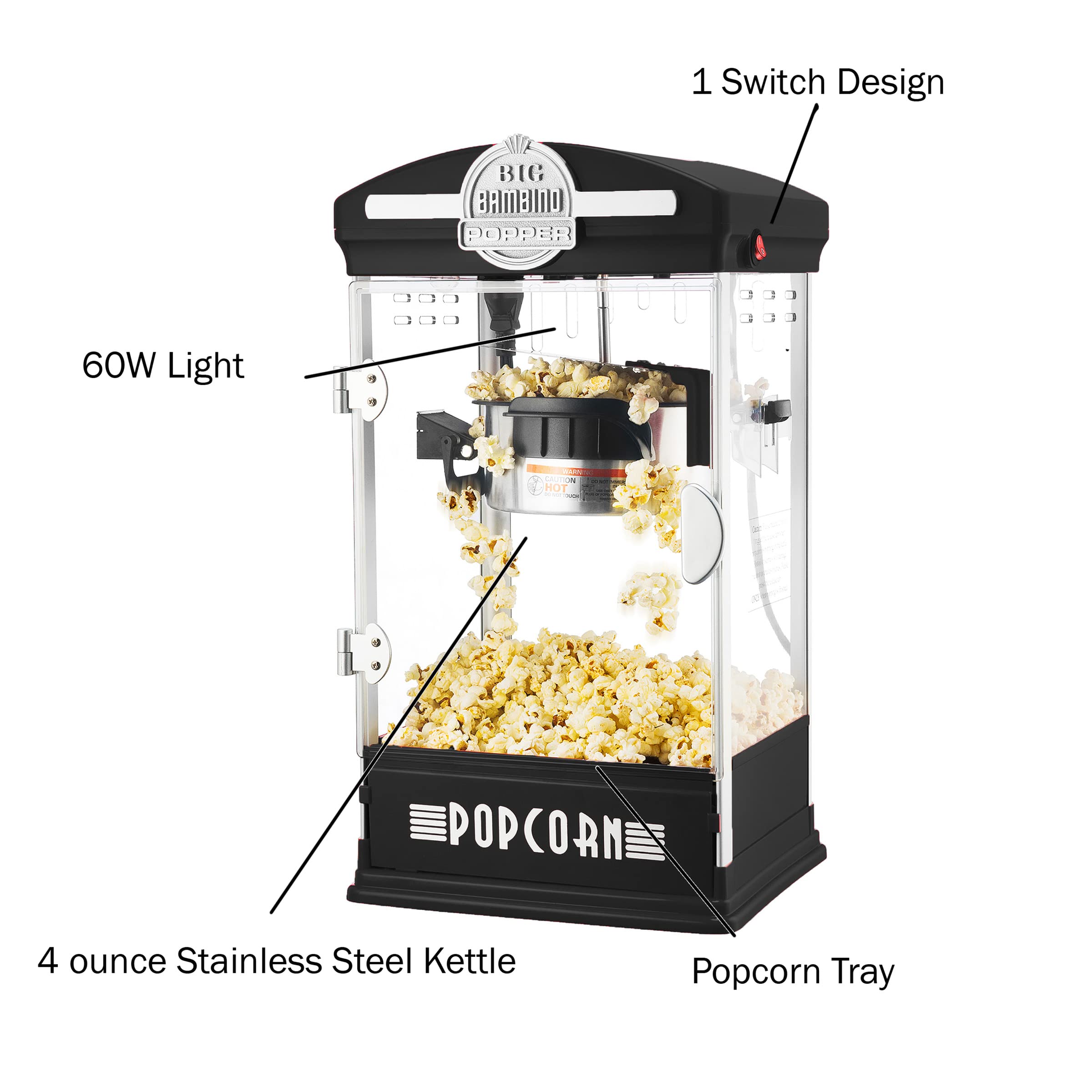 Popcorn Machine - Big Bambino Old-Fashioned Popper with 4-Ounce Kettle, Measuring Cups, Scoop, and Serving Cups by Great Northern Popcorn (Black)