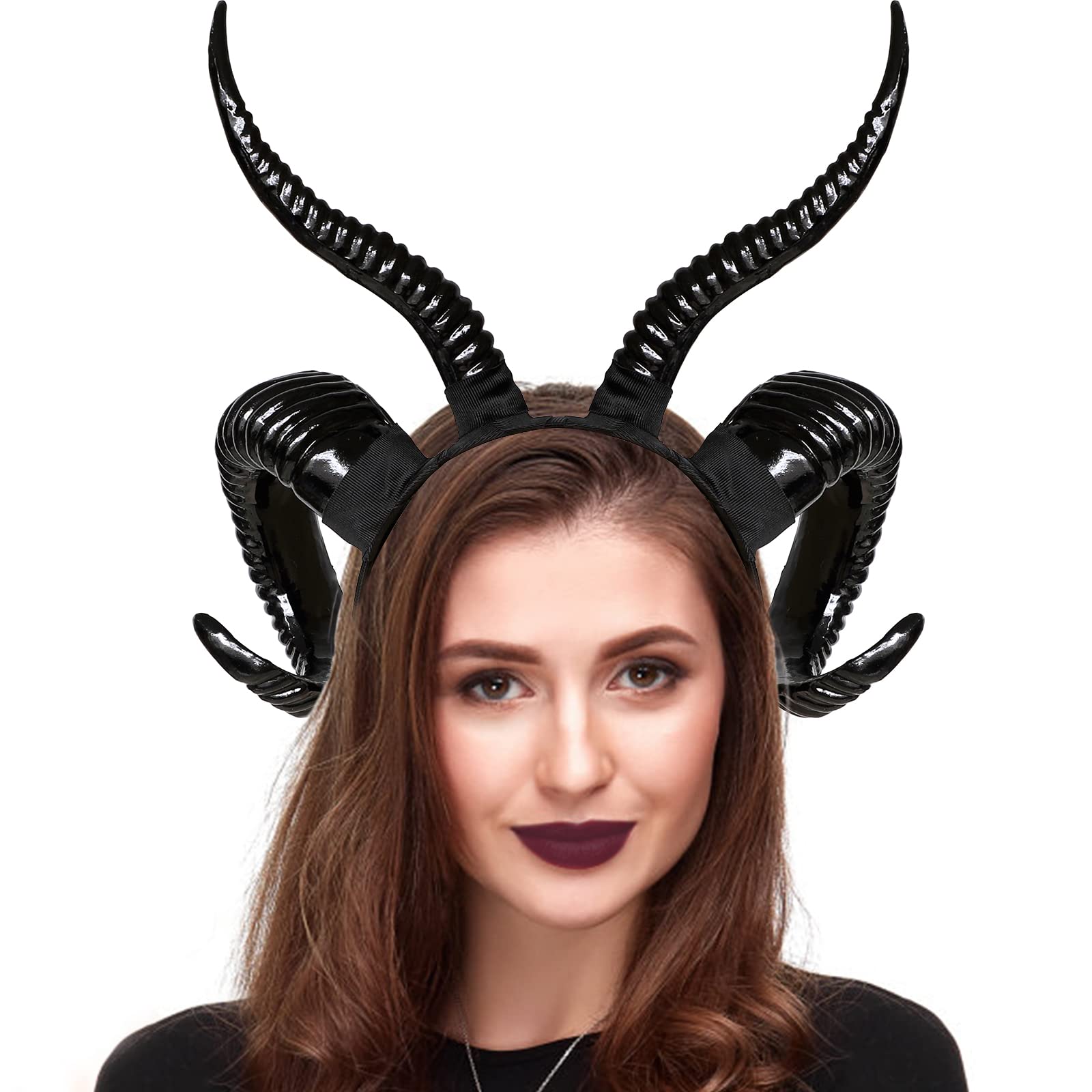 Silom Devil Horns Gothic Sheep Horn Headband, Black Horns Fancy Dress Halloween Devil Demon Horns Maleficent Horns Headband for Halloween Costume Cosplay Photo Props (Black Double Horns)