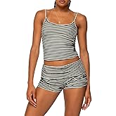 RUEWEY Women Y2k Pajama Set Striped Sleeveless Crop Cami Top Lounge Shorts PJS 2 Piece Matching Sleepwear