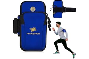 FITNATION Water Resistant Armband Running Pouch Holder for iPhone 11/12/13/14 Pro Max, Samsung Galaxy S23/S22/S21/S20/Z Fold/Note, Huawei, Xiaomi, OnePlus & More (up to 7") Adjustable Strap & Pocket (Blue)