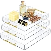 meekoo 3 Pcs Tray with Handles Acrylic Serving Tray Spill Proof Acrylic Bathroom Decorative Organizer for Coffee Table Countertop Appetizer 12x16 11x14 10x10 Inch(Clear with Gold Handle)