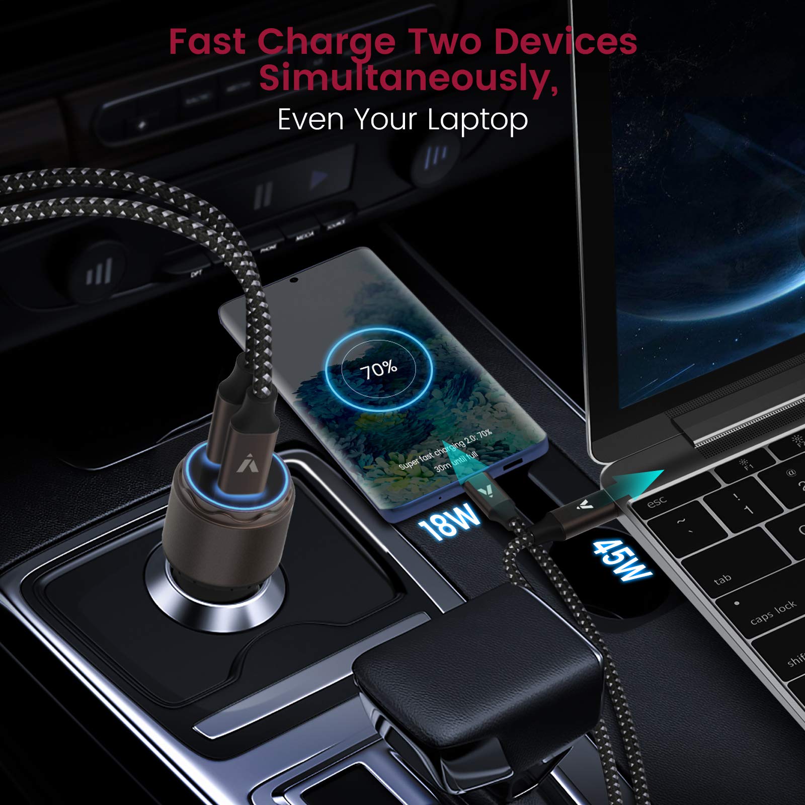 VELOGK Super Fast Type C Car Charger [73W Turbo], Fast Adaptive 55W 45W PPS/PD&QC3.0 USB C Car Adapter[Super Fast Charging 2.0] for Samsung S25 Ultra/S24 Ultra/S23 Ultra/S22+/S21/S20,iPad Pro,MacBook