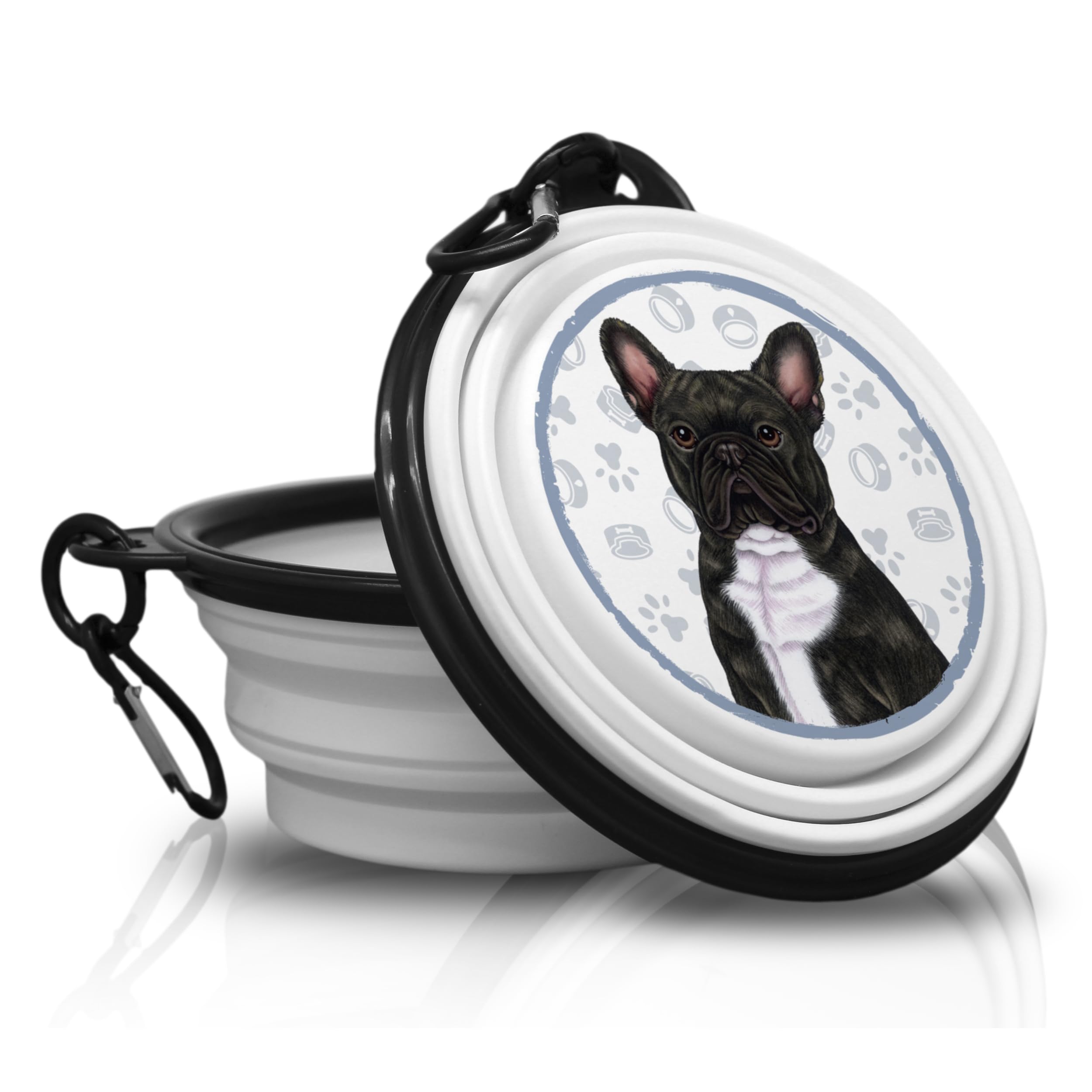 French Bulldog Black Folding Portable Drinking Bowl with Carabiner for On the Go Feeding Bowl Pet Bowl Handy and Unique