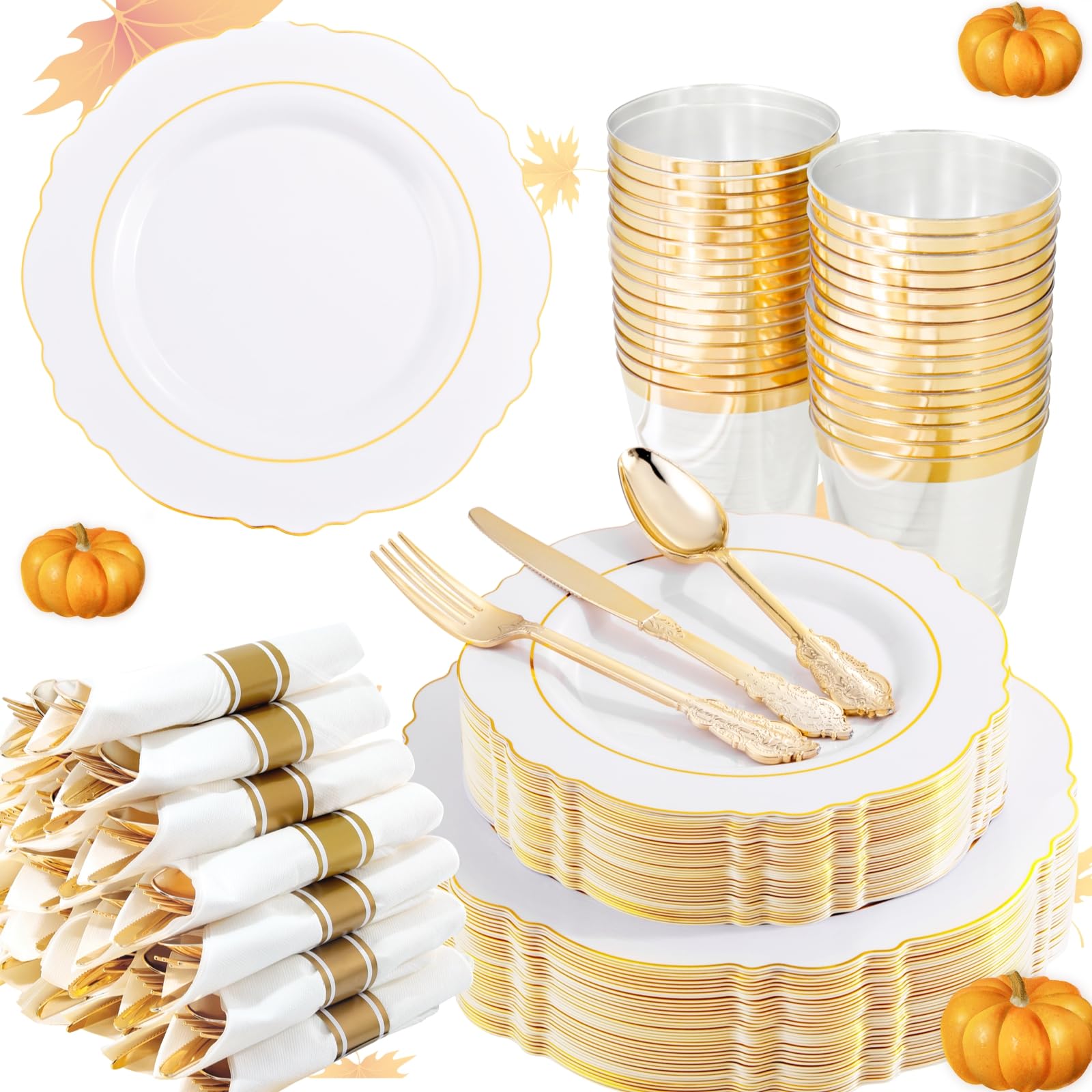 Photo 1 of ***MISSING PIECES*** Liacere 350PCS Gold Plastic Plates-Disposable White and Gold Plates 50guest Baroque Plastic Dinnerware include 100Plates, 50Pack Pre Rolled Napkins with Silverware 50Cups for Wedding&Thanksgiving
