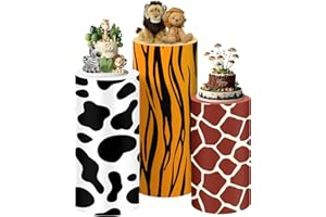 SaitiMade Set of 3 Jungle Safari Theme Cylinder Pedestal Stand Covers, 3pcs Spandex Jungle Zoo Animals Cylinder Stand Covers for Party, Wedding or Birthday Event Decor (Only Contains Cylinder Covers)
