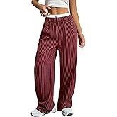 LKOUS Women's High Waisted Dress Pants Stretchy Wide Leg Striped Trousers Casual Work Office Pants with Pockets