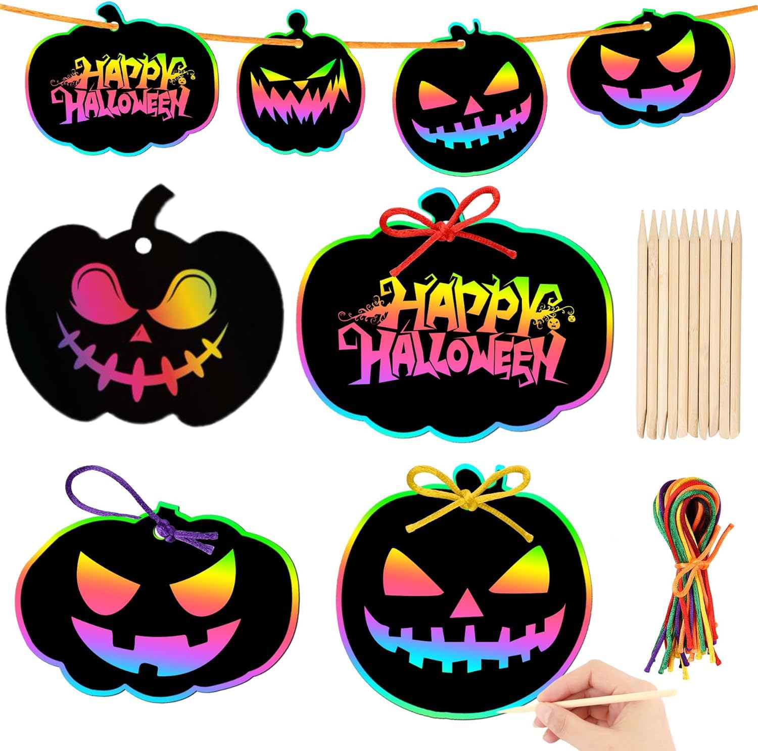 shishiruyizhong 12PCS Halloween Scratch Pictures Kit, Pumpkins Rainbow Scratch Art Hang for DIY Party Ornaments Halloween Decor with 2 Wooden Sticks and 12 Colorful Ribbons