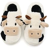 Boonble Fuzzy Cow Slippers for Women Men Adults, Fluffy Plush and Cozy Cotton House Slippers for Indoor Outdoor Bedroom, Warm Furry Cow Print Slipper for Winter Spring Fall