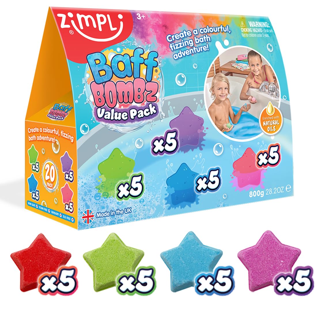 ZIMPLI - 20 x Star Baff Bombz, Create a colourful, fizzing, bathtime adventure, Bath Bombs Set for Children, Organic, Natural