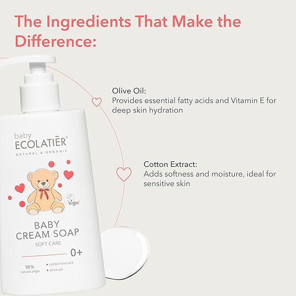 ECOLATIÈR BABY CREAM SOAP – 98% NATURAL, VEGAN, HYPOALLERGENIC BODY WASH & GENTLE BABY SOAP FOR SENSITIVE SKIN, NEWBORN & TODDLER CARE, SOFT & NOURISHING, 8.5 FL OZ