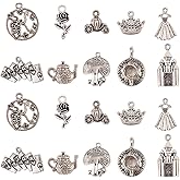 KitBeads 100pcs Antique Silver Fairy Tale Charms Alloy Rose Castle Clock Teapot Wonderland Charms for Jewelry Making Bulk