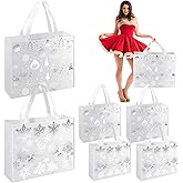 Sweetude 6 Pcs Extra Large Christmas Silver Bags for Gift 16 x 13 Inch White and Silver Metallic Snowflake Gift Bag for Women Reusable Christmas Non Woven Wrap Tote Bags for Xmas Party Favor