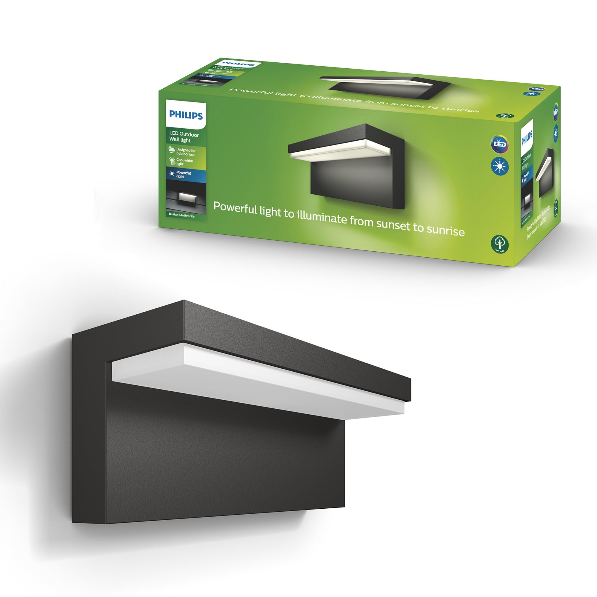 Philips Bustan LED Outdoor Wall Light, 9W, 1,000 lm, 4,000 K Cool White Light, IP44 Weather-Resistant, Dimmable, Built-in LED, Aluminium, Anthracite Grey