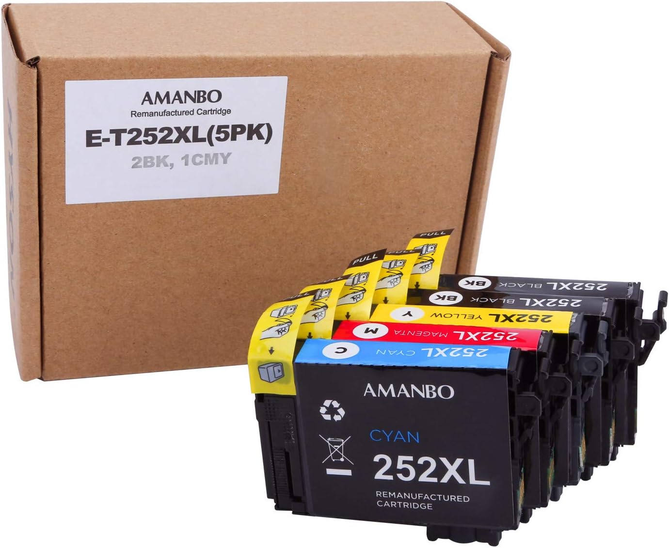 Amanbo Remanufactured Ink Cartridge Replacement for Epson 252XL 252 for Workforce WF-7720 WF-3640 WF-3620 WF-7710 WF-7620 WF-7610 Printer (2 Black 1 Cyan 1 Magenta 1 Yellow, 5 Pack)