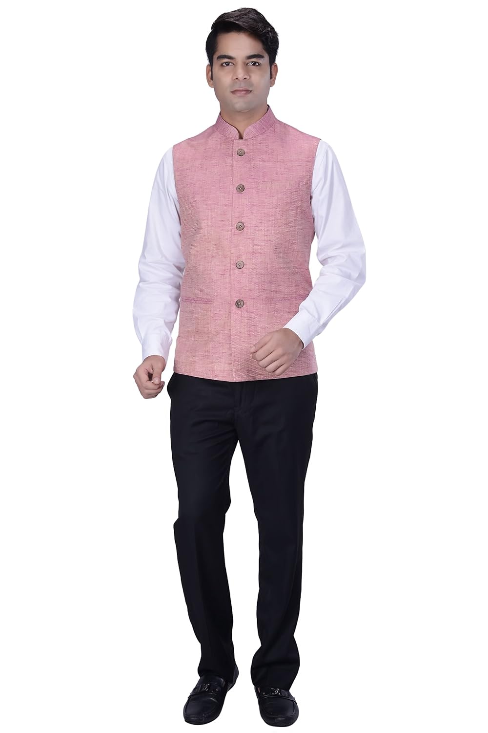 kisah men's woven cotton silk pink nehru jacket
