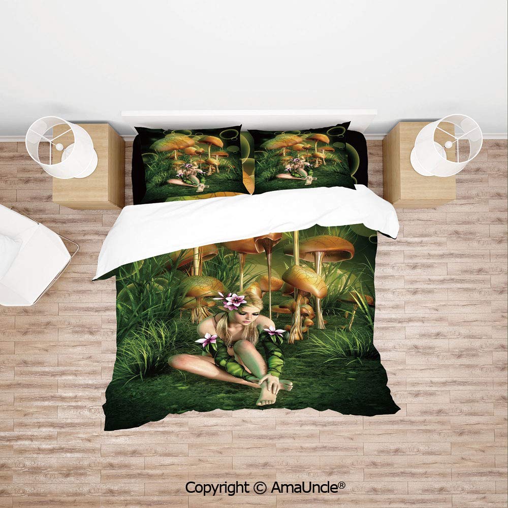 SCOCICI Fairy Woman in Enchanted Forest Elf Pixie Growth Flowers Grass Simple Cover Set Bedsheet Pillowcases Bedding Set 4pc Full Size