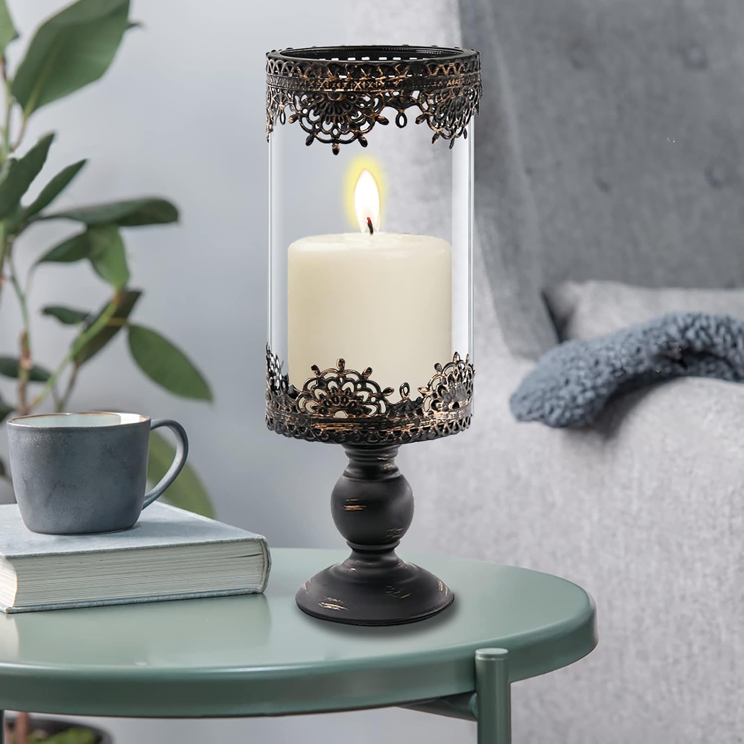 Newthinking Hurricane Candle Holders, Set of 2 Metal Pillar Candle Holders with Glass Cover for Home, Wedding, Candlelight Dinner Decoration: Kitchen & Dining