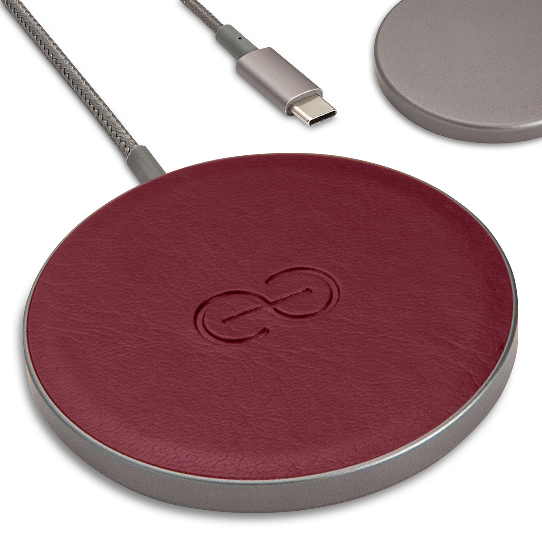 Dreem Empower Magnetic Wireless Charger Pad – Compatible with MagSafe for iPhone 17/16/15/14/13/12 & Qi-Certified Devices – Premium Vegan Leather [Burgundy]