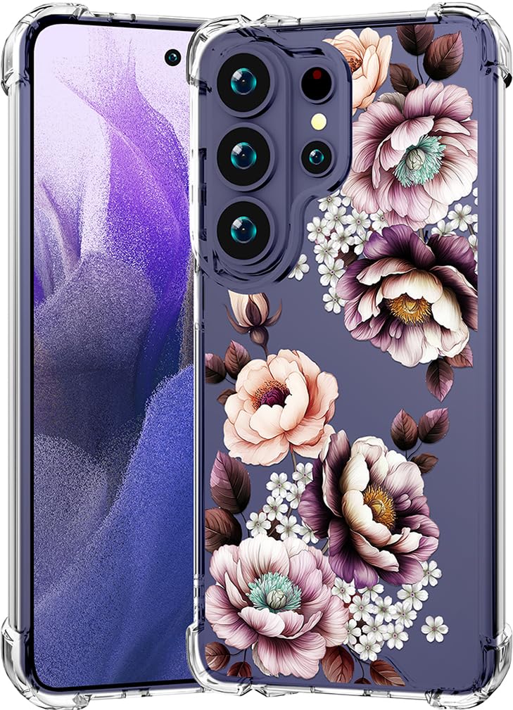 CCFUNCASE Compatible for Samsung Galaxy S26 Ultra Case Clear Cute for Women - Rugged Phone Cases Funda Protector Cover Skin (Pink Graceful Artistic Flowers)