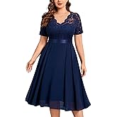 MISSMAY Women's Plus Size Lace Contrast Chiffon V Neck Flowy Cocktail Wedding Guest Midi Dress
